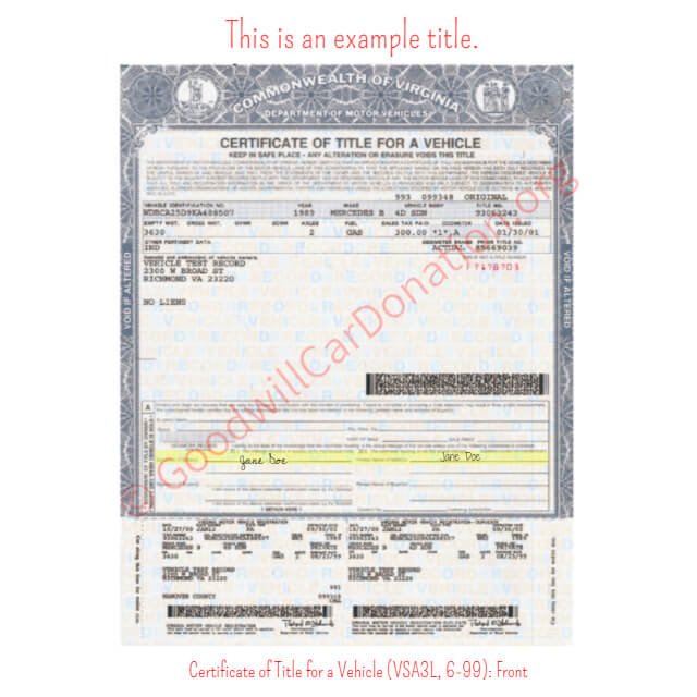 This is a Sample of VA-Certificate-of-Title-for-a-Vehicle-VSA3L-6-99-Front | Goodwill Car Donations