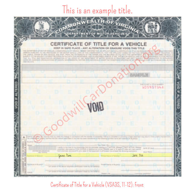 This is a Sample of VA-Certificate-of-Title-for-a-Vehicle-VSA3S-11-12-Front | Goodwill Car Donations