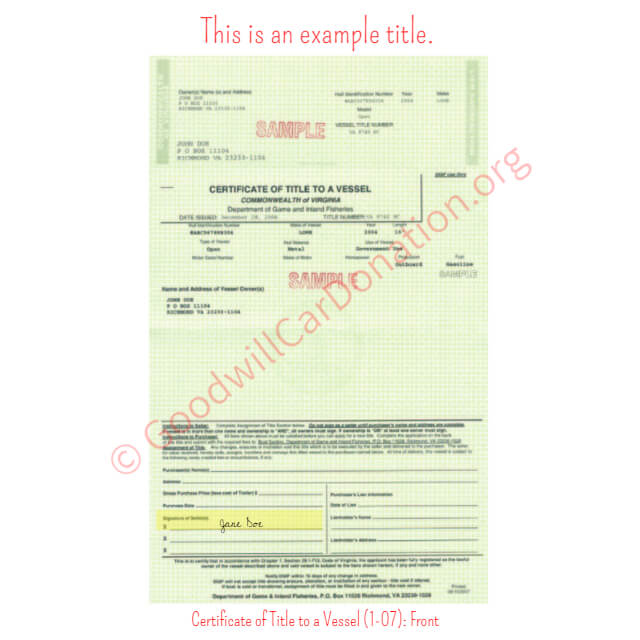 This is a Sample of VA-Certificate-of-Title-to-a-Vessel-1-07-Front | Goodwill Car Donations