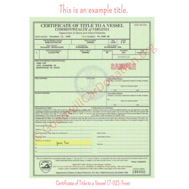 This is a Sample of VA-Certificate-of-Title-to-a-Vessel-7-02-Front | Goodwill Car Donations