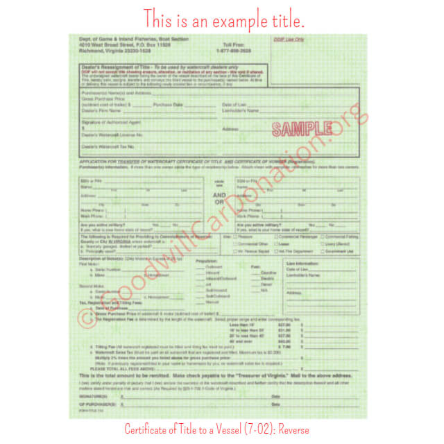This is a Sample of VA-Certificate-of-Title-to-a-Vessel-7-02-Reverse | Goodwill Car Donations