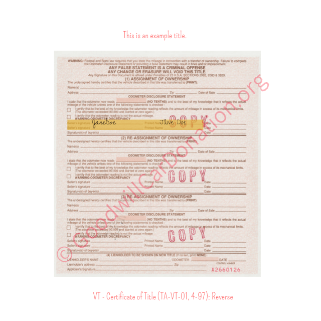 This is a Sample of VT-Certificate-of-Title-TA-VT-01-4-97-Reverse | Goodwill Car Donations