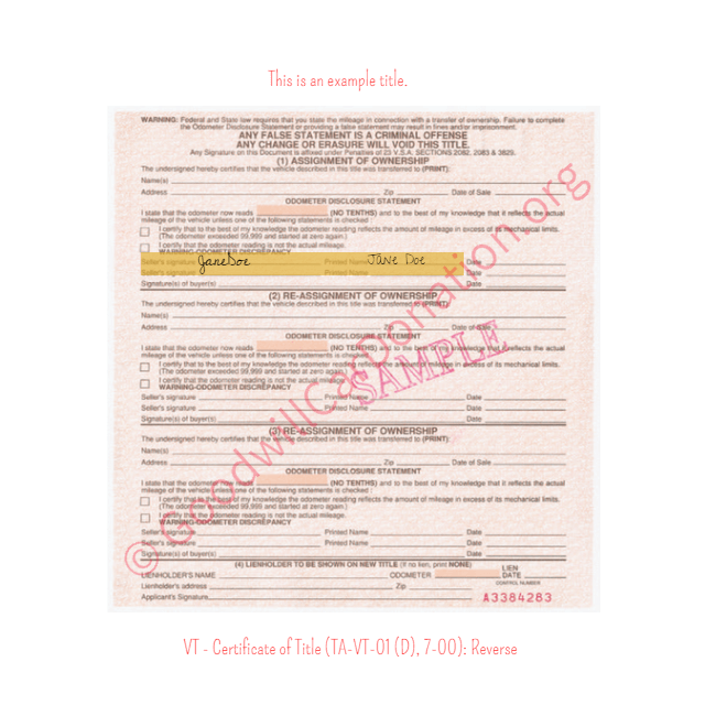 This is a Sample of VT-Certificate-of-Title-TA-VT-01-D-7-00-Reverse | Goodwill Car Donations