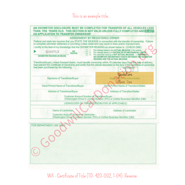 This is a Sample of WA-Certificate-of-Title-TD-420-002-1-04-Reverse | Goodwill Car Donations