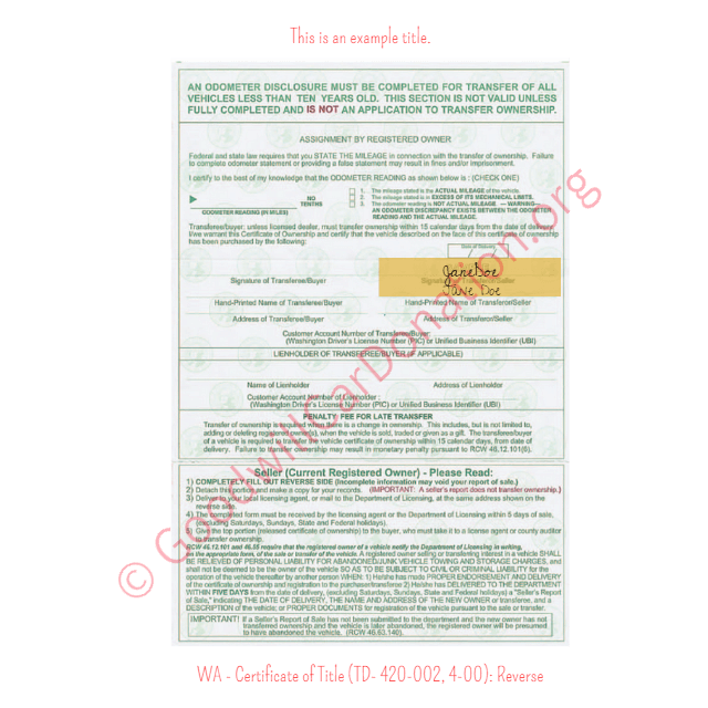 This is a Sample of WA-Certificate-of-Title-TD-420-002-4-00-Reverse | Goodwill Car Donations