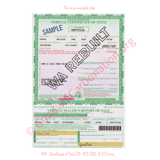 This is a Sample of WA-Certificate-of-Title-TD-420-002-4-97-Front | Goodwill Car Donations