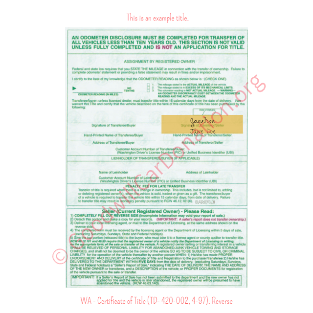 This is a Sample of WA-Certificate-of-Title-TD-420-002-4-97-Reverse | Goodwill Car Donations