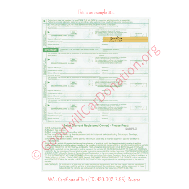 This is a Sample of WA-Certificate-of-Title-TD-420-002-7-95-Reverse | Goodwill Car Donations