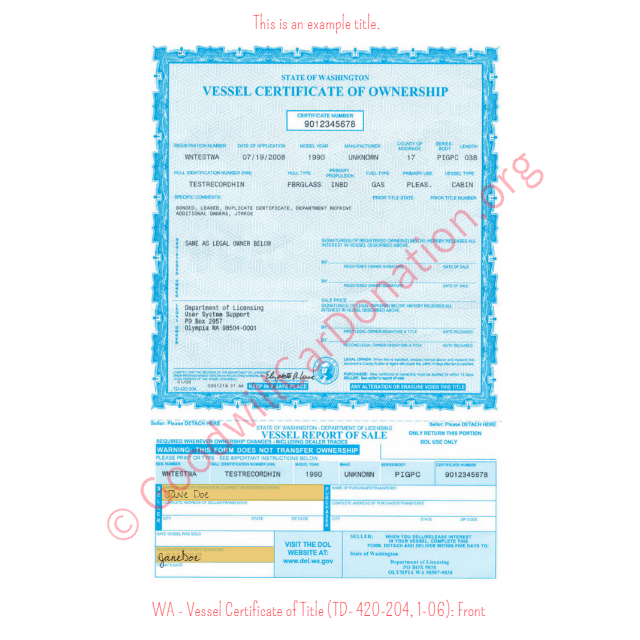 This is a Sample of WA-Vessel-Certificate-of-Title-TD-420-204-1-06-Front | Goodwill Car Donations