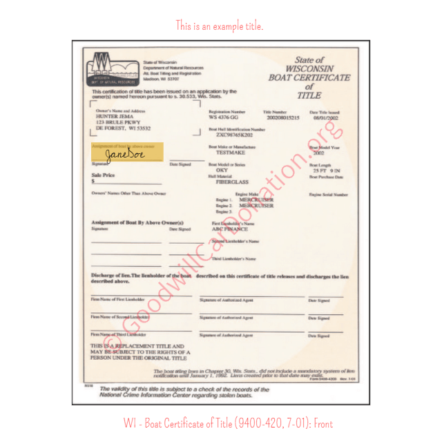 This is a Sample of WI - Boat Certificate of Title (9400-420, 7-01)-Front | Goodwill Car Donations
