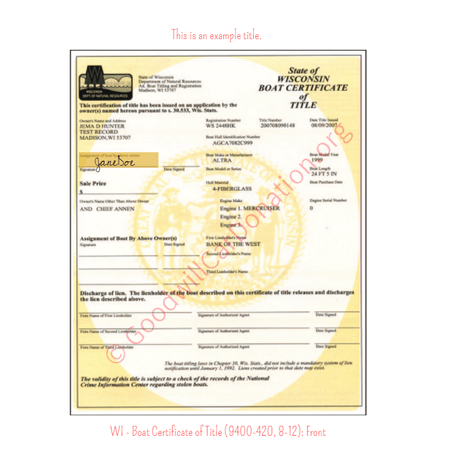 This is a Sample of WI - Boat Certificate of Title (9400-420, 8-12)-front | Goodwill Car Donations