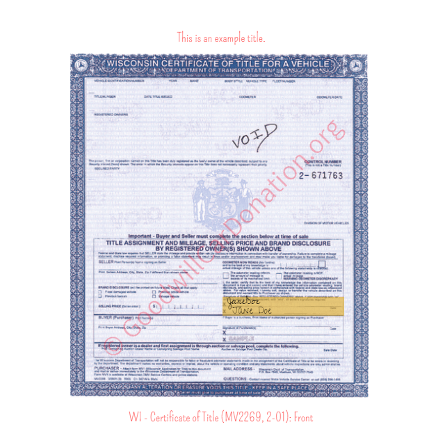 This is a Sample of WI - Certificate of Title (MV2269, 2-01)-Front | Goodwill Car Donations