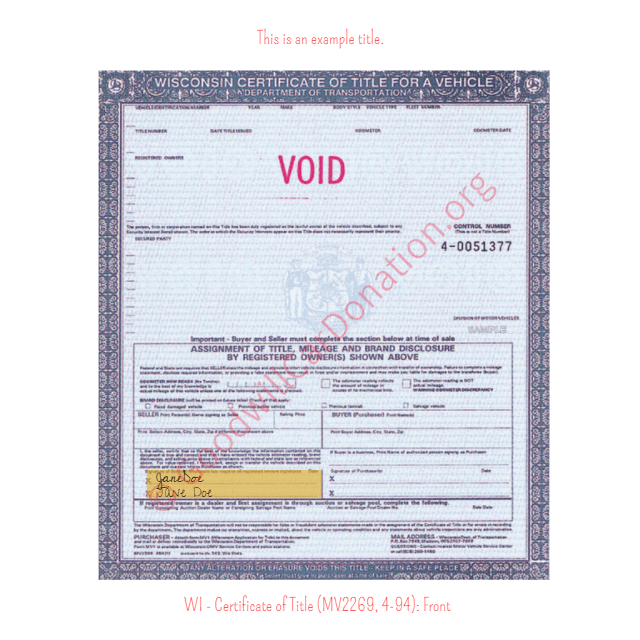 This is a Sample of WI - Certificate of Title (MV2269, 4-94)-Front | Goodwill Car Donations