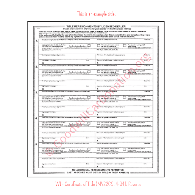 This is a Sample of WI - Certificate of Title (MV2269, 4-94)-Reverse | Goodwill Car Donations