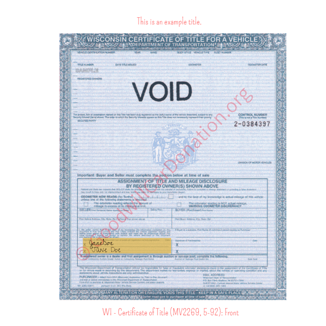 This is a Sample of WI - Certificate of Title (MV2269, 5-92)-Front | Goodwill Car Donations