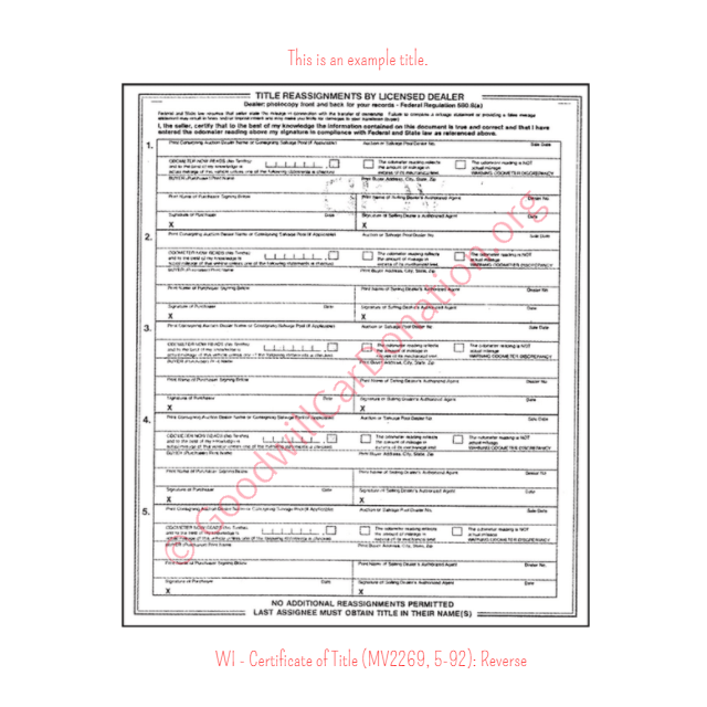 This is a Sample of WI - Certificate of Title (MV2269, 5-92)-Reverse | Goodwill Car Donations
