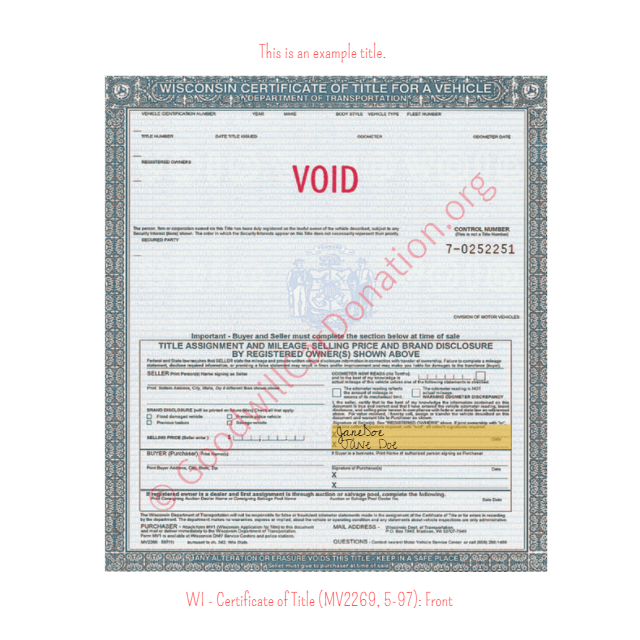This is a Sample of WI - Certificate of Title (MV2269, 5-97)-Front | Goodwill Car Donations