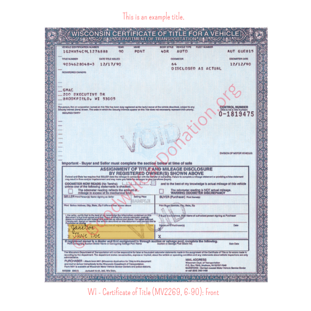 This is a Sample of WI - Certificate of Title (MV2269, 6-90)-Front | Goodwill Car Donations