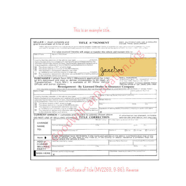 This is a Sample of WI - Certificate of Title (MV2269, 9-86)-Reverse | Goodwill Car Donations