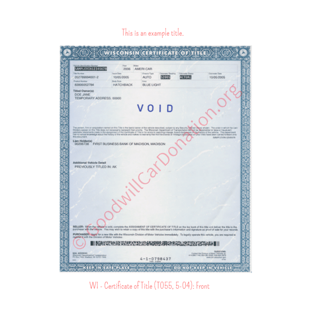 This is a Sample of WI - Certificate of Title (T055, 5-04)-Front | Goodwill Car Donations