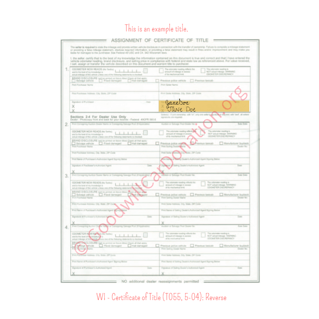 This is a Sample of WI - Certificate of Title (T055, 5-04)-Reverse | Goodwill Car Donations