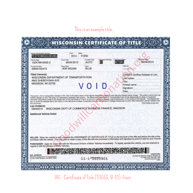 This is a Sample of WI - Certificate of Title (T055S, 8-10)- Front | Goodwill Car Donations