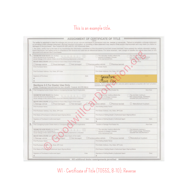 This is a Sample of WI - Certificate of Title (T055S, 8-10)-Reverse  | Goodwill Car Donations