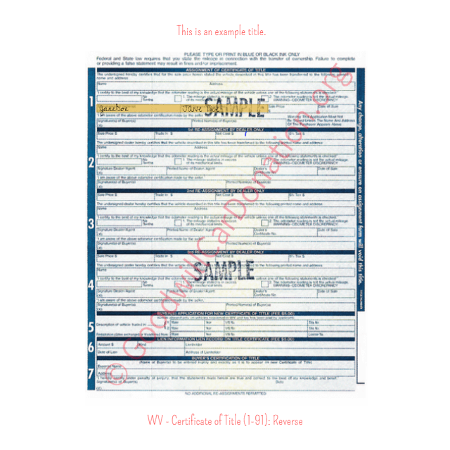 This is a Sample of WV-Certificate-of-Title-1-91-Reverse | Goodwill Car Donations