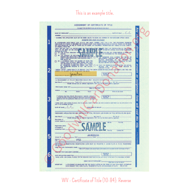 This is a Sample of WV-Certificate-of-Title-10-84-Reverse | Goodwill Car Donations