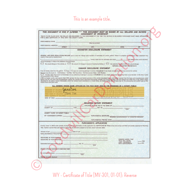 This is a Sample of WY - Certificate of Title (MV-301, 01-01)- Reverse | Goodwill Car Donations
