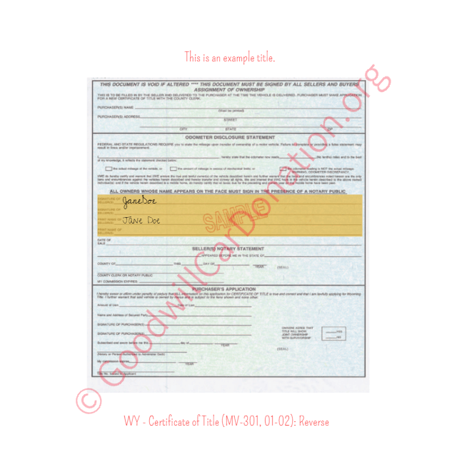 This is a Sample of WY - Certificate of Title (MV-301, 01-02)- Reverse-2 | Goodwill Car Donations
