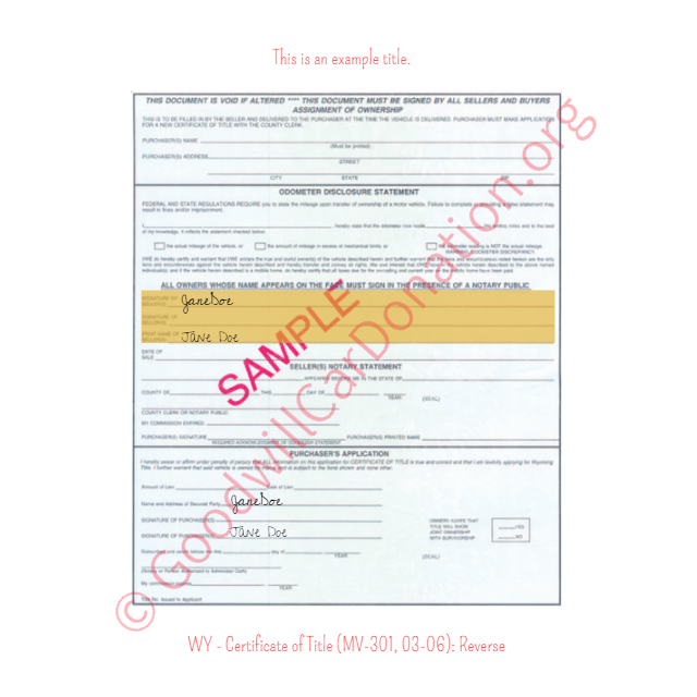 This is a Sample of WY - Certificate of Title (MV-301, 03-06)- Reverse | Goodwill Car Donations