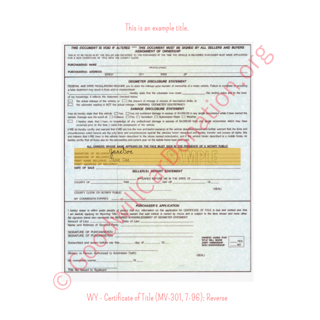 This is a Sample of WY - Certificate of Title (MV-301, 7-96)- Reverse | Goodwill Car Donations