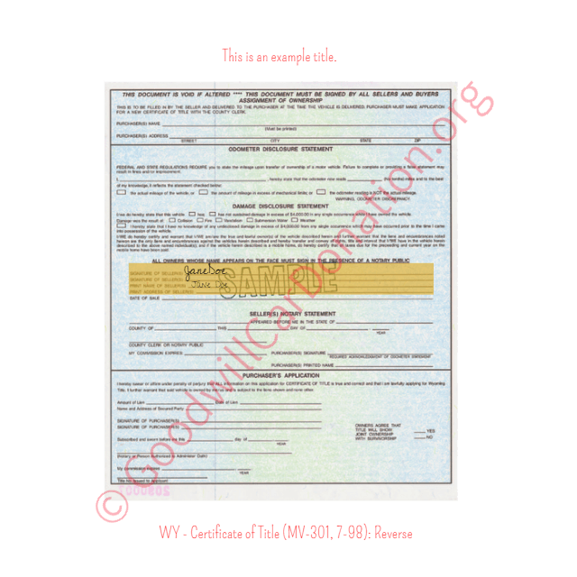 This is a Sample of WY - Certificate of Title (MV-301, 7-98)- Reverse | Goodwill Car Donations