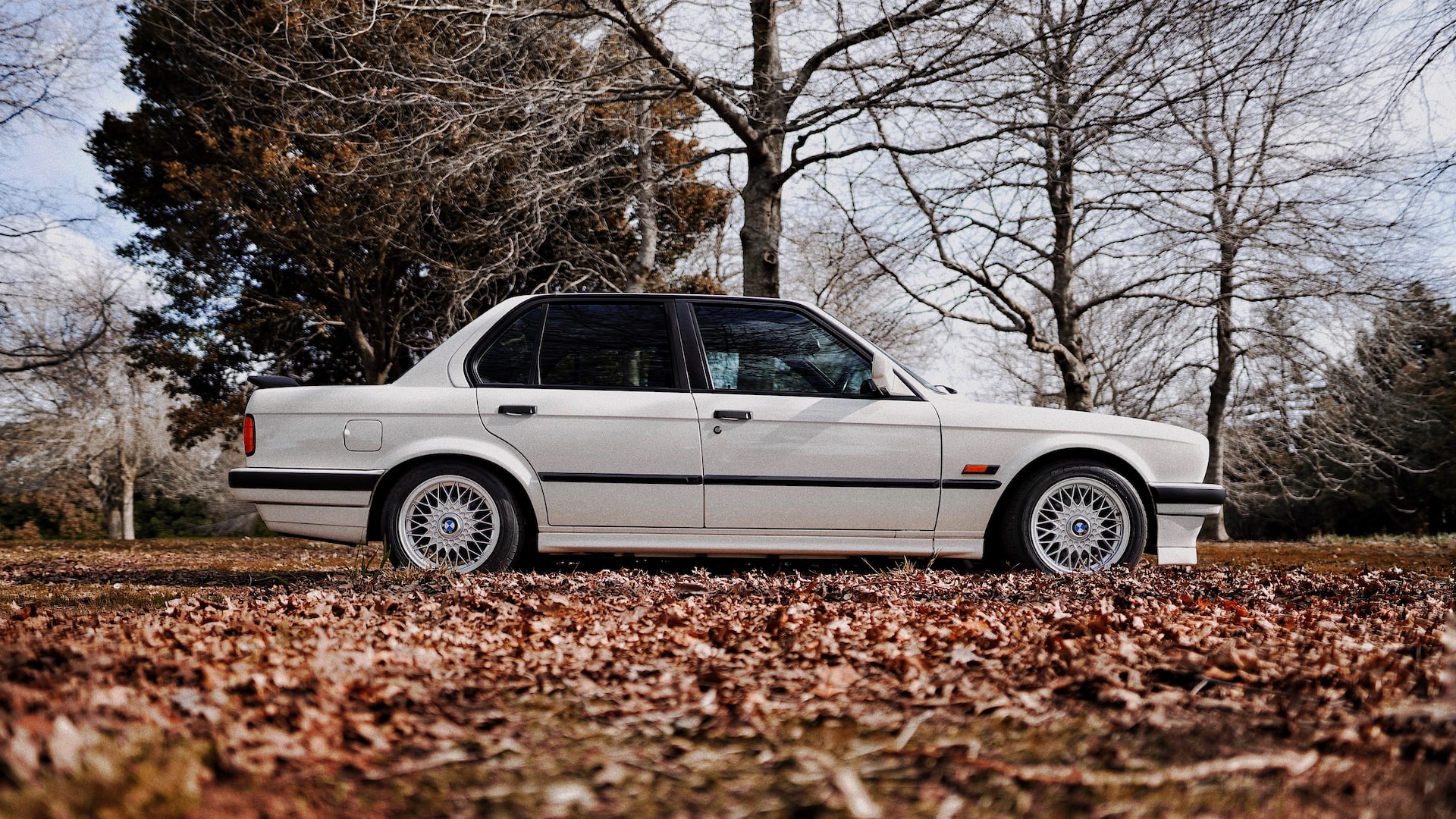 White sedan parked on leaves | Goodwill Car Donations