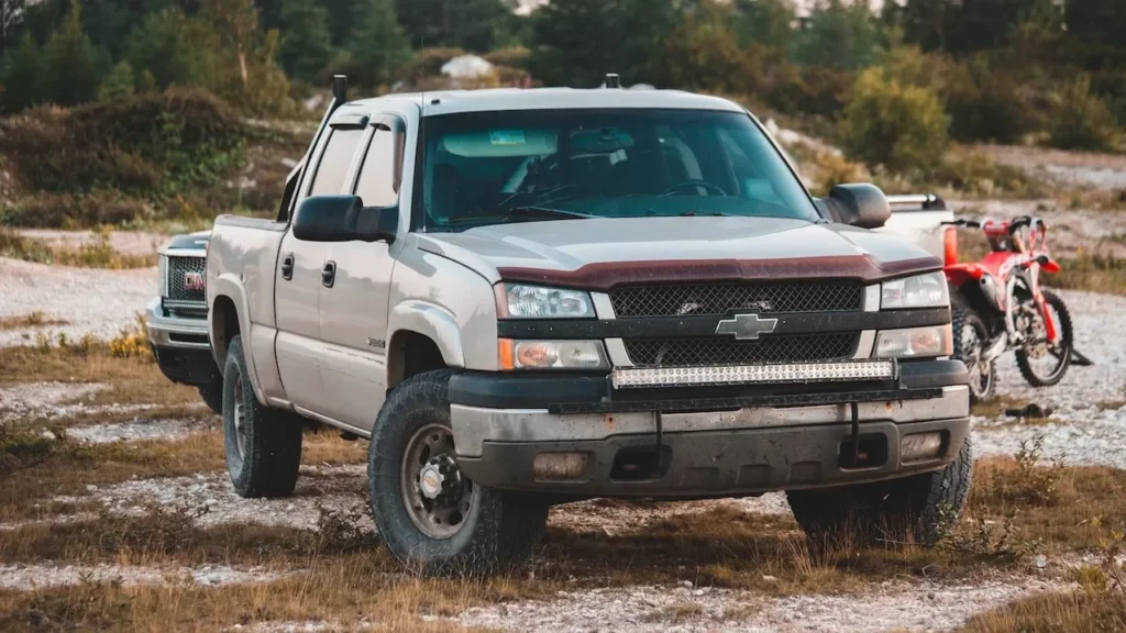 A Chevrolet pickup truck parked on a grassy outdoor field, surrounded by nature