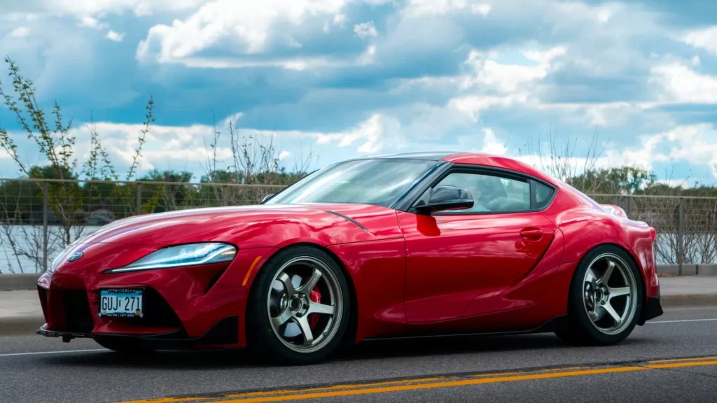 A red car on a road