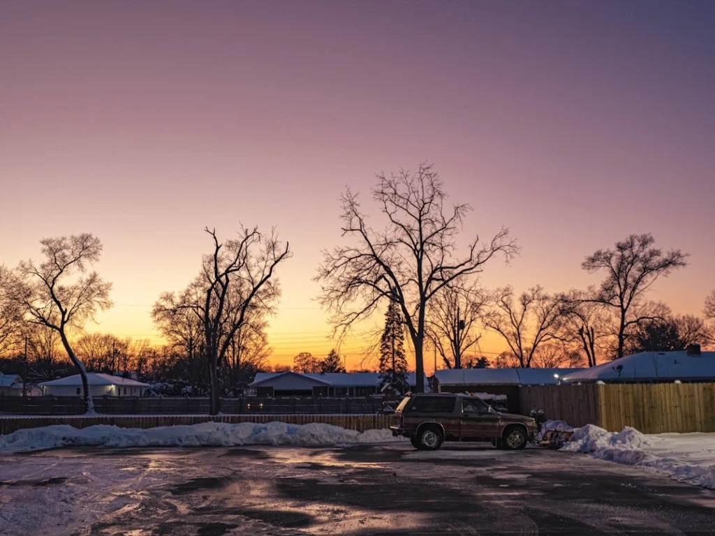 A sunset over a city street in Elkhart, Indiana