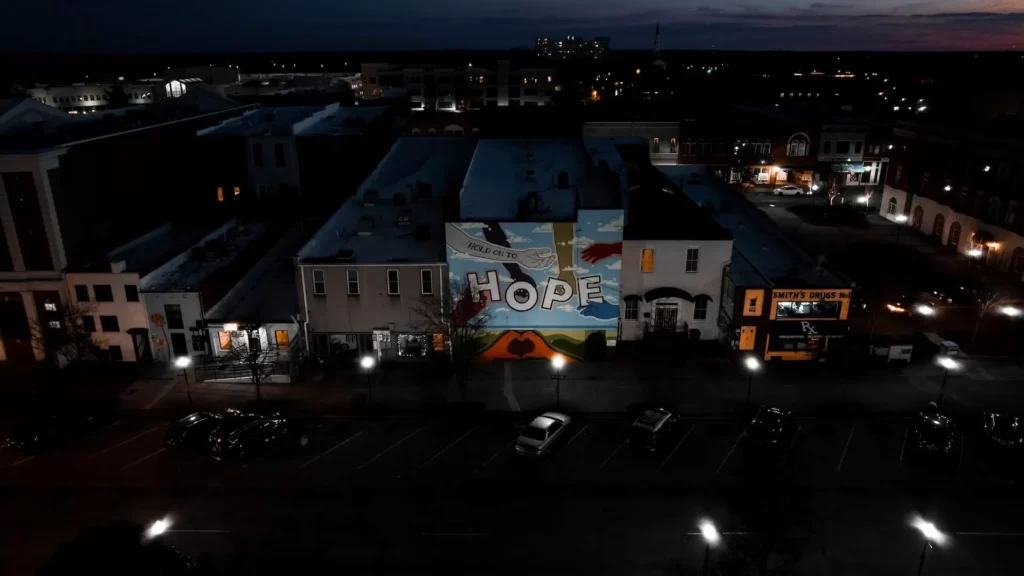 An aerial view of a city at night