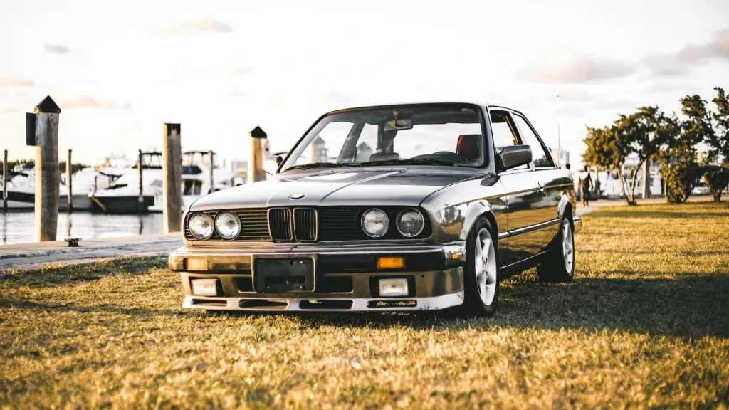 Black BWM car on green lawn grass
