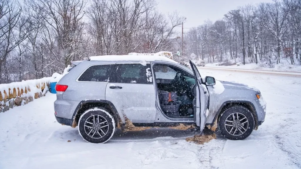 Gray SUV parked on a snowy road amidst bare winter trees, capturing a serene snow-covered scene.