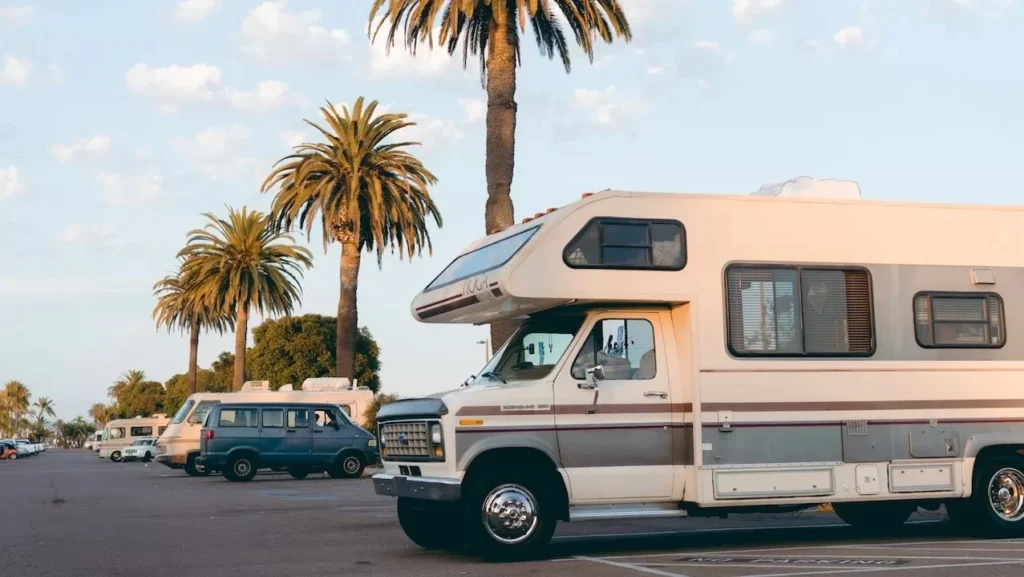 RVs parked under palm trees in a bright daylight urban parking lot setting