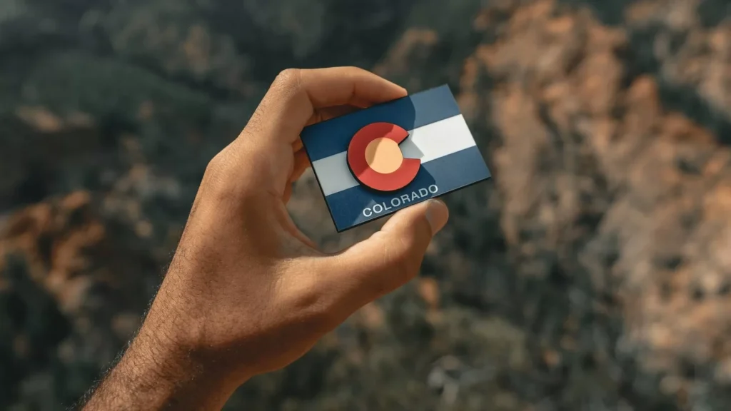 A person holding blue and white card