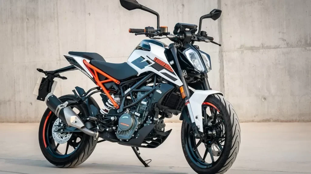 A modern sports motorcycle parked in an industrial setting, showcasing its design.