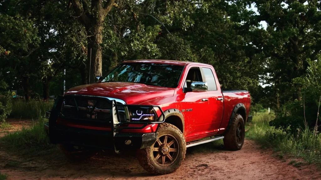 Red chevrolet single cab pickup truck parked beside green tree during daytime