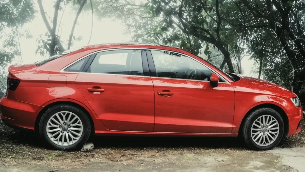 A vibrant red sedan parked amidst lush greenery on a foggy day, showcasing elegance