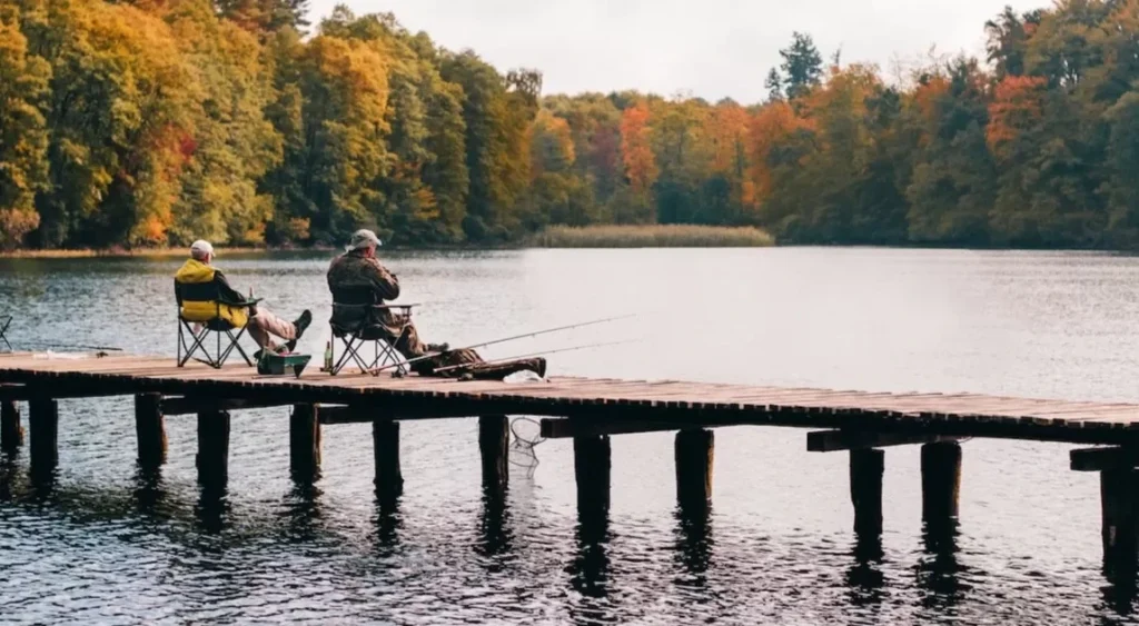 Two men fishing on a pier surrounded by autumn foliage at a scenic lake.