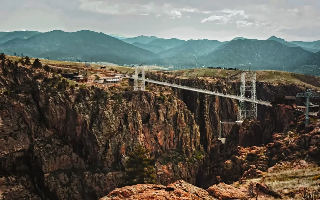 The Royal Gorge, and the suspension bridge which crosses it and the Arkansas River below in the foothills of the Rocky Mountains in Colorado, USA