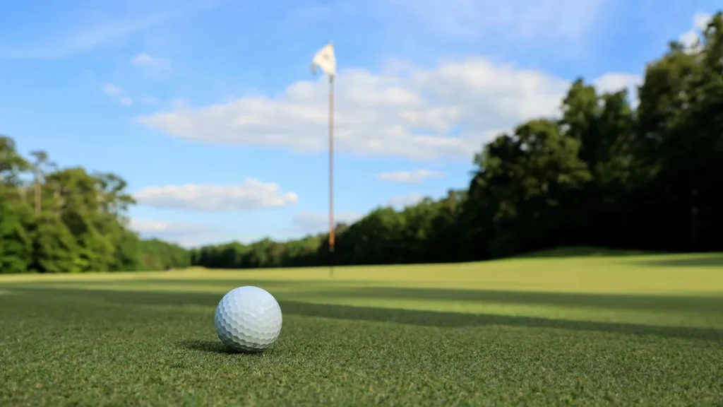 a golf ball sitting on top of a green field