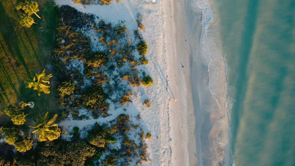 Aerial of people walking on the beach on Sanibel Captiva Island, Florida